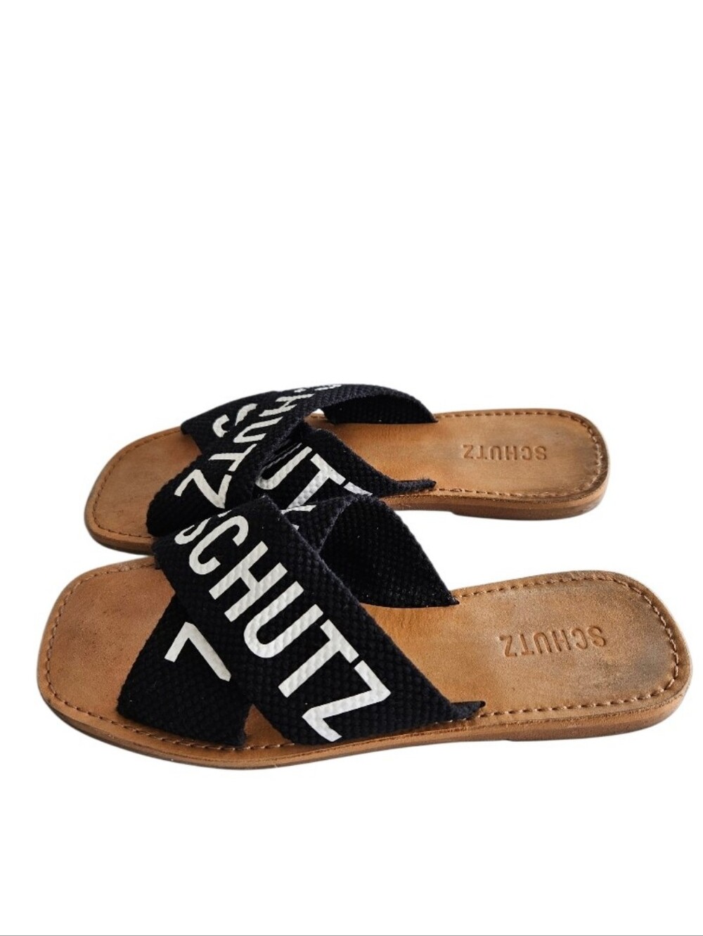 SCHUTZ Black and White Crossband Logo Slide Sandals - Picture 3 of 6